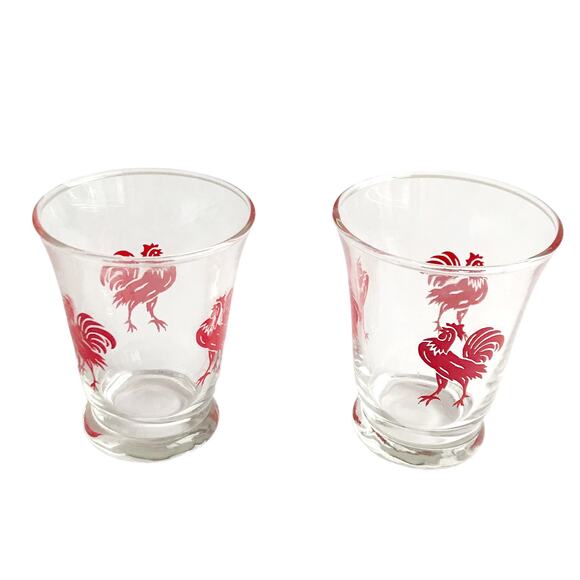 Vintage MCM Rooster Juice Glasses 2 Piece Set Red Clear Glass Drinkware Cups - Picture 7 of 7